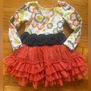 Giggle Moon Size 12 Months Orange Green Floral Tulle Skirt Long Sleeve Dress